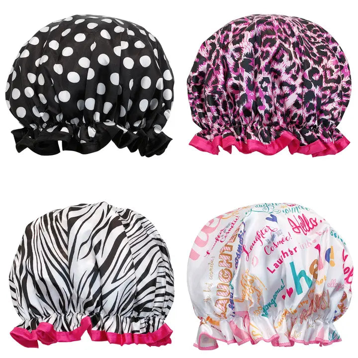Wrapables Double Layer Waterproof Shower Caps, Animal Print & Dots (Set of 4)